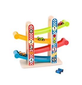 TOOKY TOY Drewniany Tor Zjeżdżania dla Samochodzików + 4 Auta
