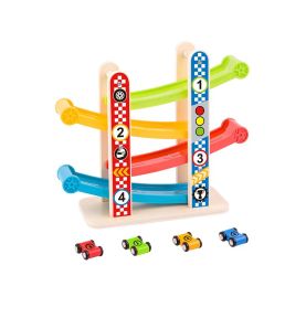 TOOKY TOY Drewniany Tor Zjeżdżania dla Samochodzików + 4 Auta