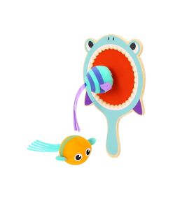 Tooky Toy Gra Zręcznościowa dla Dzieci Drewniana Paletka Rekin + 2 Rybki na Rzep do Łapania