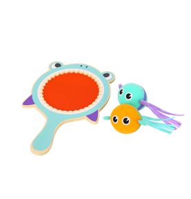 Tooky Toy Gra Zręcznościowa dla Dzieci Drewniana Paletka Rekin + 2 Rybki na Rzep do Łapania
