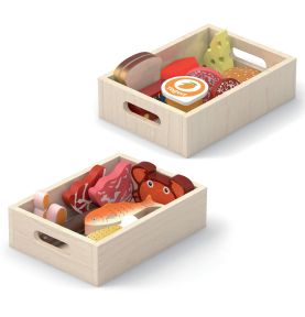 VIGA Drewniany Zestaw Artykułów Spożywczych w Skrzynkach Śniadanie Ryby Mięso Nabiał