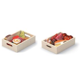 VIGA Drewniany Zestaw Artykułów Spożywczych w Skrzynkach Śniadanie Ryby Mięso Nabiał