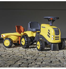 FALK Traktorek Baby Komatsu Żółty z Przyczepką + akc. od 1 roku
