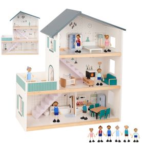 TOOKY TOY Duży Drewniany Domek dla Lalek + Figurki