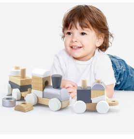 Drewniana Kolejka z wagonikami do ciągania Viga Toys + Klocki