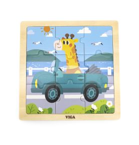 VIGA Poręczne Drewniane Puzzle Żyrafa w aucie 9 elementów
