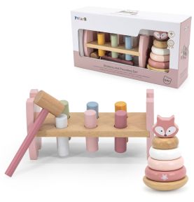 VIGA PolarB Zestaw Drewniana Piramidka + Przebijanka z Młoteczkiem Lisek Montessori