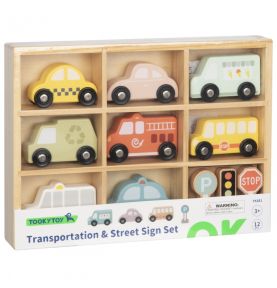 TOOKY TOY Zestaw Drewnianych Pojazdów i Znaków Drogowych w Pudełku