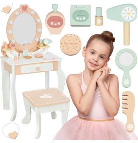 TOOKY TOY Drewniana Toaletka z Krzesełkiem Akcesoria Lustro z Oświetleniem LED + Kosmetyki