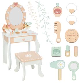 TOOKY TOY Drewniana Toaletka z Krzesełkiem Akcesoria Lustro z Oświetleniem LED + Kosmetyki