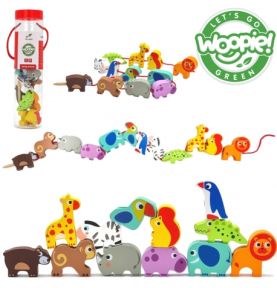WOOPIE GREEN Drewniane Klocki do Nawlekania Zwierzęta Safari ZOO 13 el.