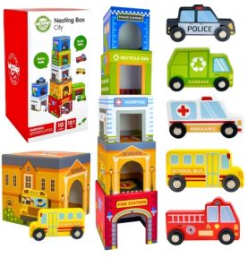 WOOPIE GREEN Układanka Kostki Miasto Pojazdy w Pudełkach + Figurki 10 el.