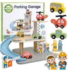 WOOPIE GREEN Drewniany Parking Piętrowy 2w1 Stacja Benzynowa z Autkami i Figurkami 12 el. FSC