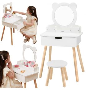 VIGA Duża Toaletka Drewniana Biała z Lustrem i Krzesełkiem