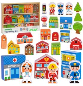 DREWNIANY ZESTAW BUDYNKÓW I FIGUREK MIASTO TOOKY TOY DLA DZIECI
