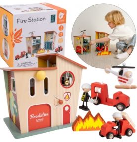 CLASSIC WORLD Remiza Strażacka Drewniana Garaż Auto Helikopter Figurki 13el.