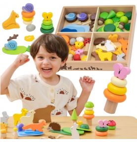 VIGA Drewniane Klocki Kolorowe Leśne Opowieści Pudełko 58el.