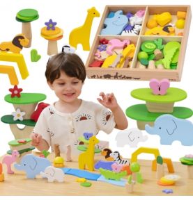 VIGA Drewniane Klocki Kolorowe Opowieści Tropikalne Pudełko 55el.