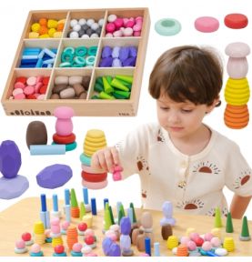 VIGA Klocki Drewniane Edukacyjne Układanka Montesori 141el.